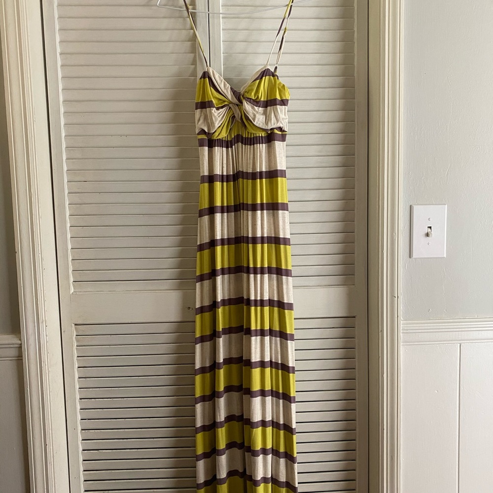 Chartreuse, cream, & gray spaghetti maxi dress